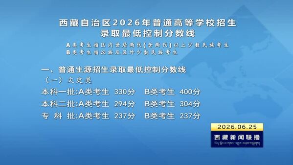 西藏自治区2026年普通高等学校招生录取最低控制分数线公布