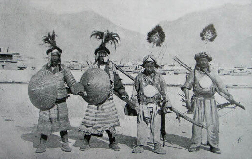 Tibetan soldiers armed with harquebus, bows and arrows – their main weapons.