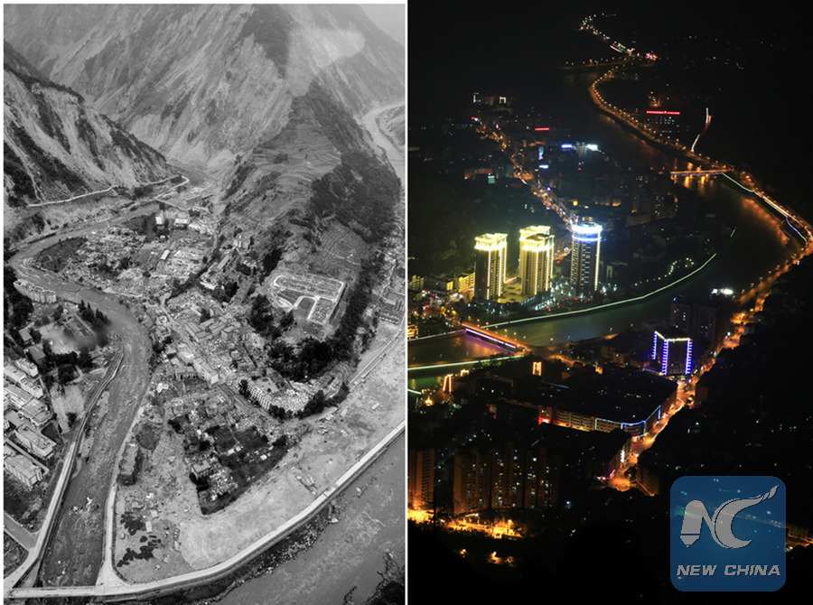 Combination photo taken on May 14, 2008 (left) and May 6, 2015 shows a sharp contrast of an aerial view of Wenchuan County, which was hit by an 8.0-magnitude earthquake on May 12, 2008, southwest China's Sichuan Province. (Xinhua/Chen Kai, Luo Guoyang)