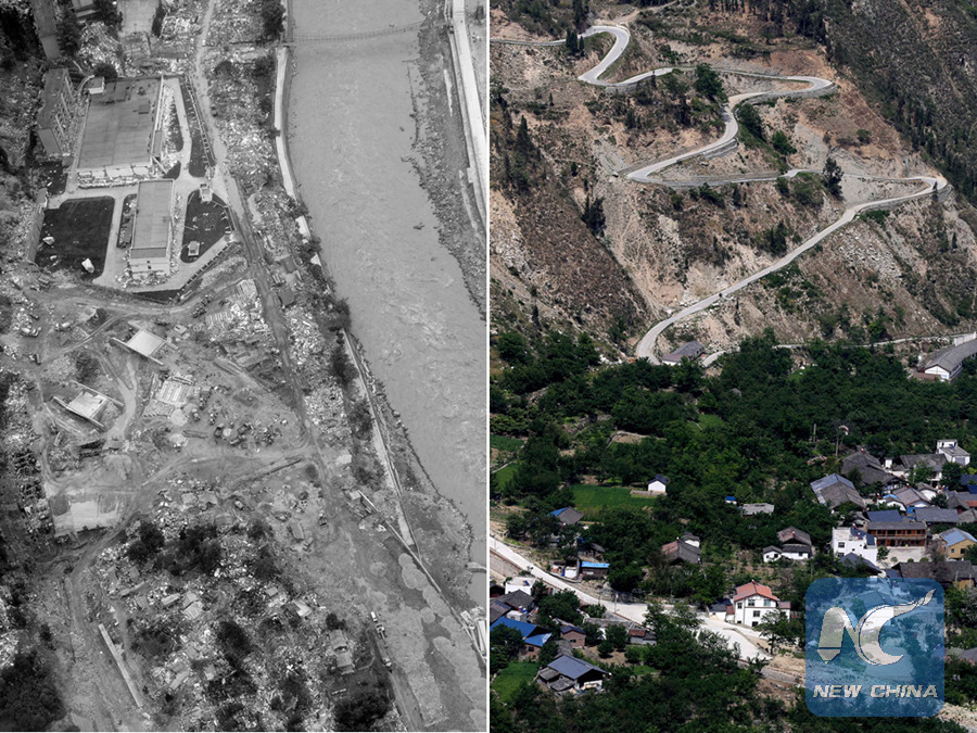 Combination photo taken on May 14, 2008 (left) and May 6, 2015 shows a sharp contrast of an aerial view of Wenchuan County. (Xinhua/Chen Kai, Luo Guoyang)