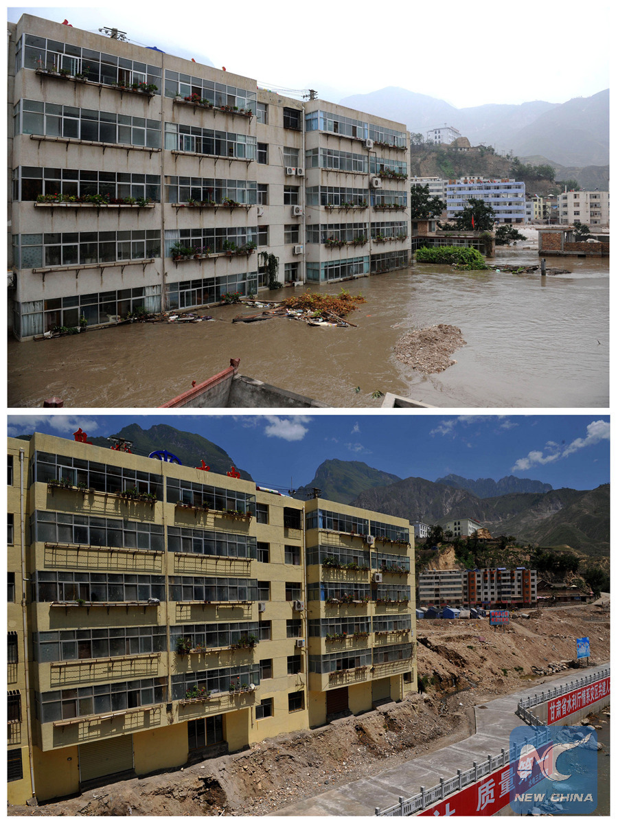 The combined photo shows a scene in Zhouqu County, northwest China's Gansu Province, on Aug. 12, 2010 (upper) and on Aug. 7, 2011. The mudslide devastation in the county on Aug. 8, 2010 left more than 1,700 people dead or missing and some 60,000 houses damaged. (Xinhua/Liu Xiao)
