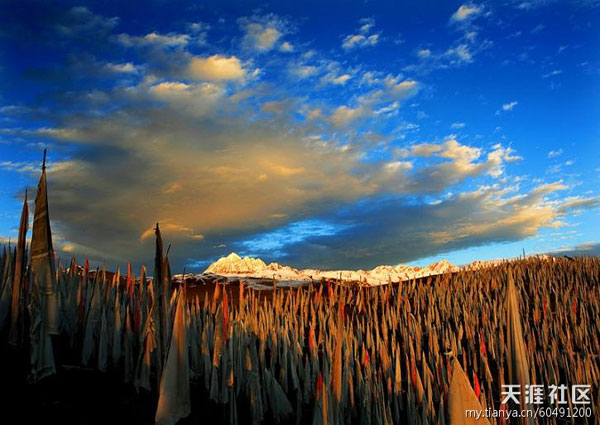 The light and shadow change the color of the Mt. Yala and its religious flags in the camera of a photographer. [Photo/Tianya.cn]
