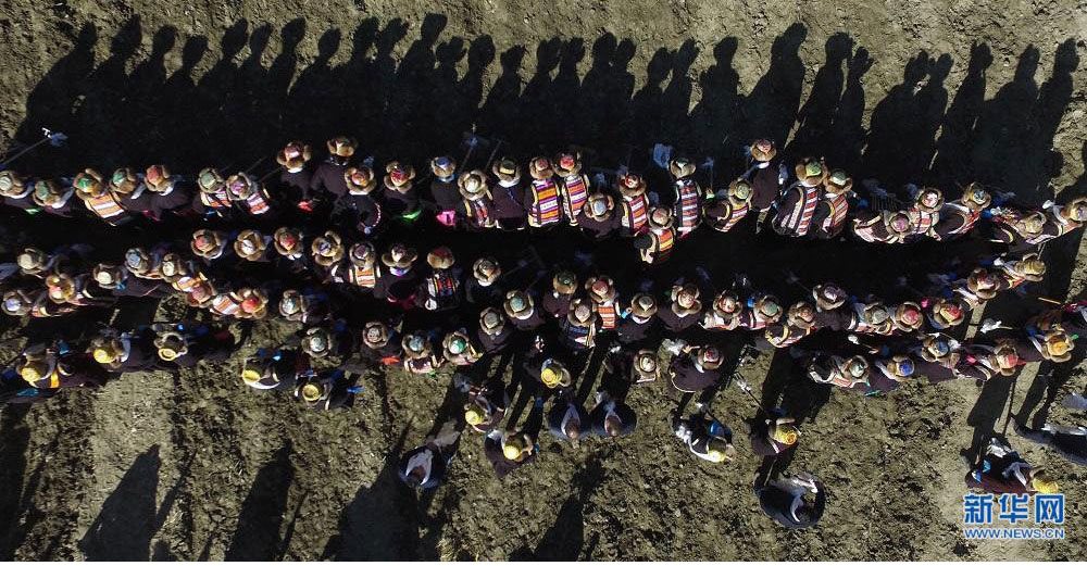 Overlooking view of Spring ploughing ceremony in Tibet 